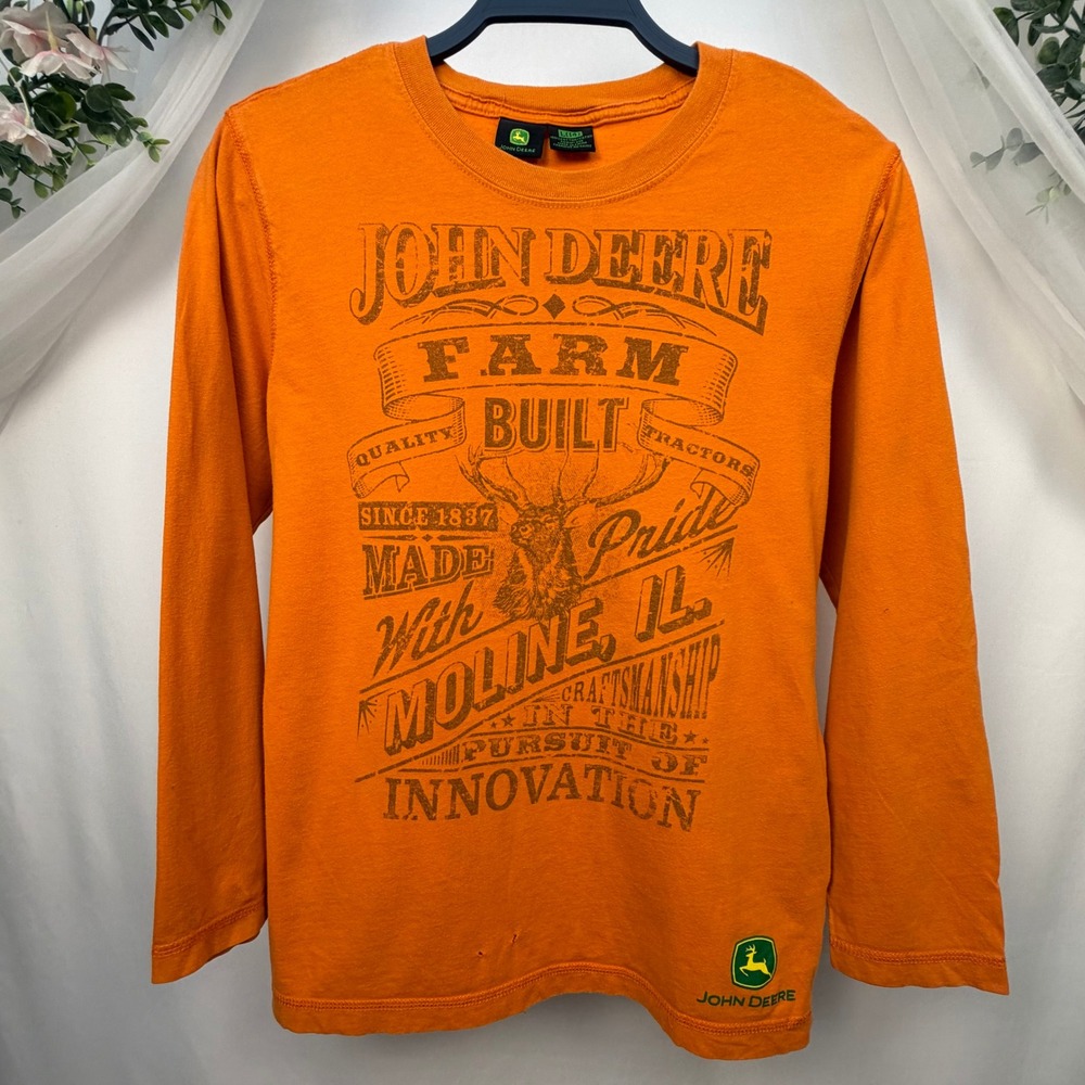 John Deere Boys Large 14 Orange Long Sleeve Farm Built Graphic T-Shirt Cotton